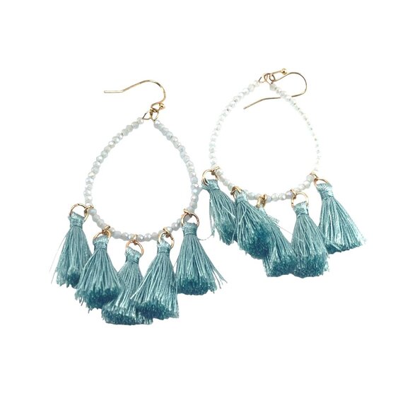 Teal Tassel Beaded Hoop Earrings With Gold Hooks Long Bohemian Statement Jewelry - Picture 4 of 8